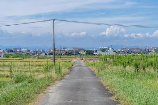 青空が広がる田舎道 町並み,青空,空の写真素材