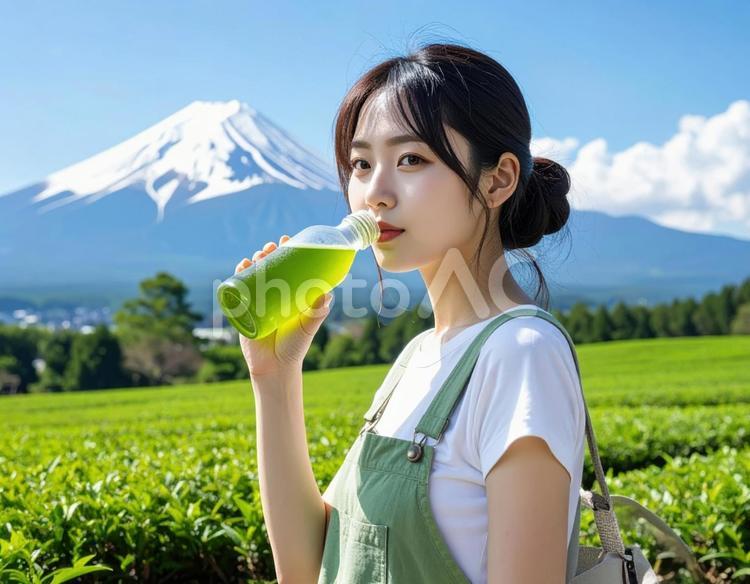 富士山を背景に緑茶を飲む女性 女性,緑茶,ペットボトルの写真素材