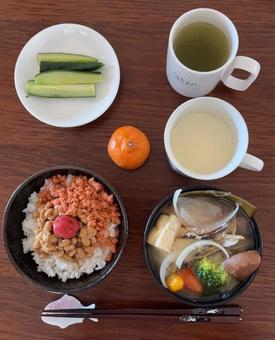 ご飯に鮭フレークと納豆とかつお梅等の朝食 ご飯に鮭フレークと納豆とかつお梅等の朝食 朝食,あきたこまち,ご飯の写真素材