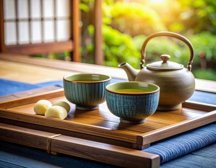 庭先の和風茶セット 庭先の和風茶セットの写真