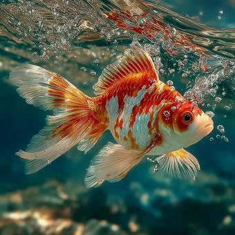 金魚と泡の輝き 金魚と泡の輝きの写真