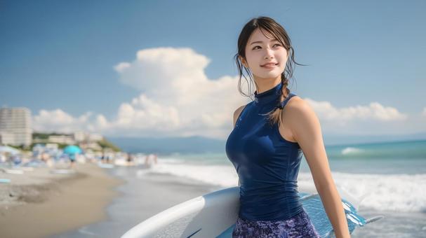 サーフボードを持つ笑顔の女性 サーフボードを持つ笑顔の女性の写真