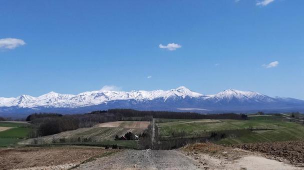 雪山を望む田園風景 北海道,雪山,山脈の写真素材