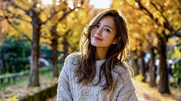 紅葉を背景に微笑む上品な若い女性 紅葉を背景に微笑む上品な若い女性の写真