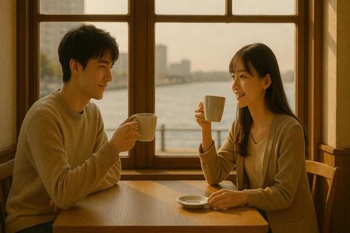 カフェデートで見つめあうカップル カフェデートで見つめあうカップルの写真