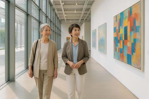 アートギャラリーに訪れた女性２人組の写真