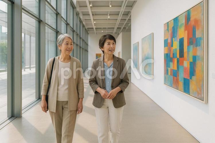 アートギャラリーに訪れた女性２人組 現代アート,芸術の秋,文化の日の写真素材