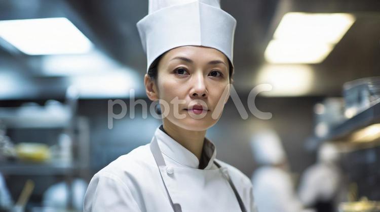 厳しそうな女性シェフ シェフ,料理,料理人の写真素材