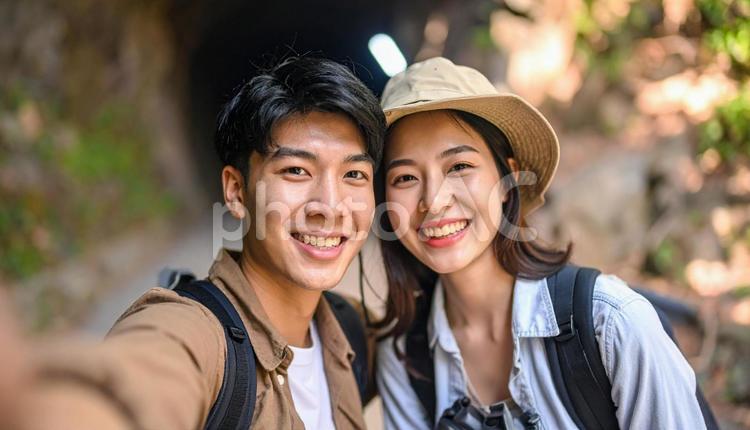 旅行先で記念撮影するカップル カップル,未来,光の写真素材