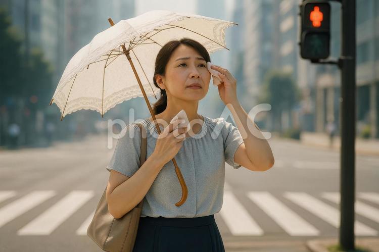日傘を差して信号待ちする女性 女性,日本,日傘の写真素材