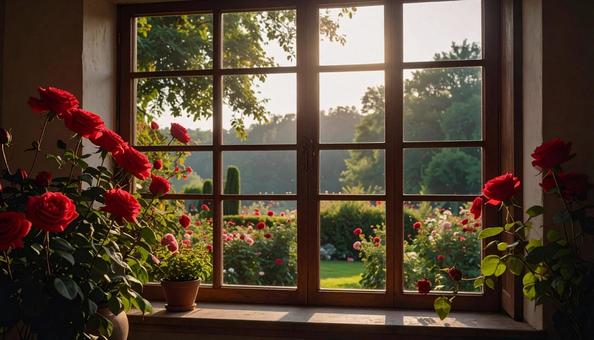 赤い薔薇のある部屋からの風景 赤い薔薇のある部屋からの風景の写真