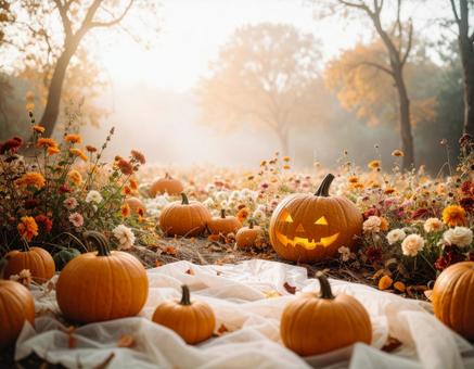 ハロウィンと透明感のある柔らかな布と花 ハロウィンと透明感のある柔らかな布と花の写真