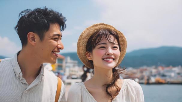 笑顔の仲良しカップルの夏 笑顔の仲良しカップルの夏の写真