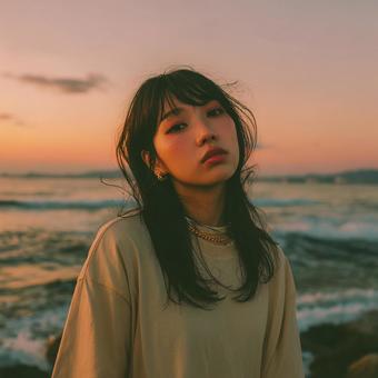 黄昏時の海辺でたたずむ女性のポートレート 黄昏時の海辺でたたずむ女性のポートレートの写真