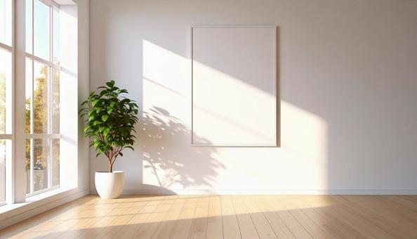 ポスターと観葉植物のあるインテリアの写真