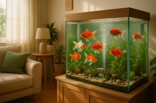 リビングルームの水槽の中を泳ぐ金魚たち リビングルームの水槽の中を泳ぐ金魚たちの写真