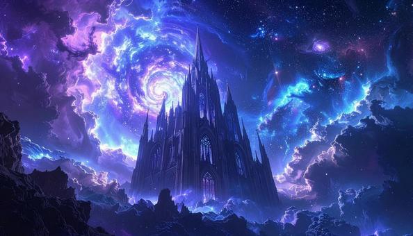 幻想の宇宙聖堂と銀河の渦の写真