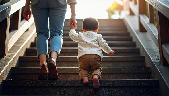 階段を下りるのが楽しい子供と支える母親 階段を下りるのが楽しい子供と支える母親の写真