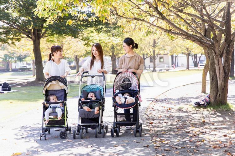 公園で遊ぶママ友と子供 ベビーカー,ママ友,赤ちゃんの写真素材