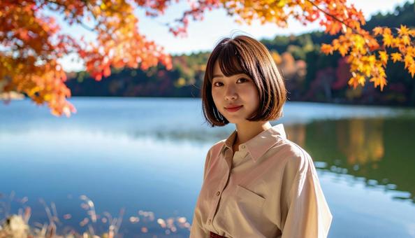 紅葉が綺麗な湖畔での写真