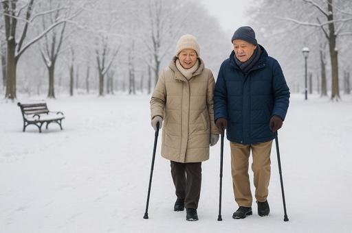 冬の散歩で杖をつく夫婦 冬の散歩で杖をつく夫婦の写真