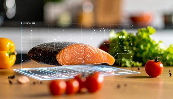 キッチンにホログラム 食材の接写 キッチンにホログラム 食材の接写の写真