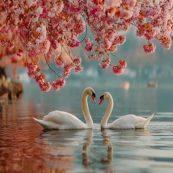 春の陽光が降り注ぐ幻想的な白鳥と桜の風景の写真