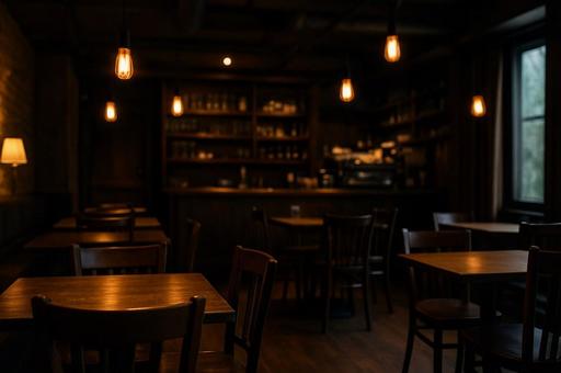夜の落ち着いたカフェ店内・暗い照明・空席 夜の落ち着いたカフェ店内・暗い照明・空席の写真