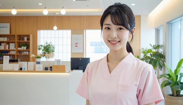 病院の受付をしている笑顔の女性の写真