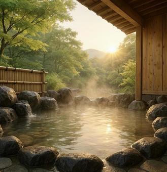 森の中の静かな露天風呂と朝日 森の中の静かな露天風呂と朝日の写真