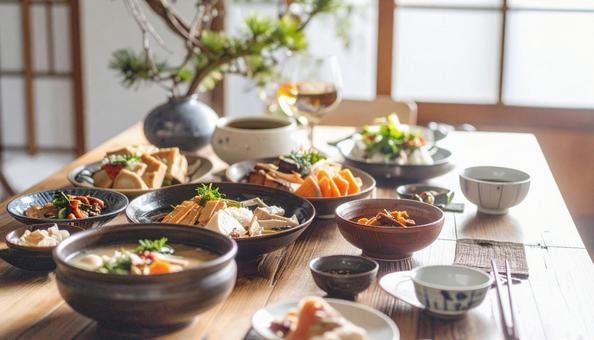 お祝いの豪華な食卓の写真