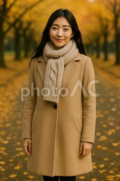 マフラーを整える女性のポートレート（秋） 秋,マフラー,女性の写真素材