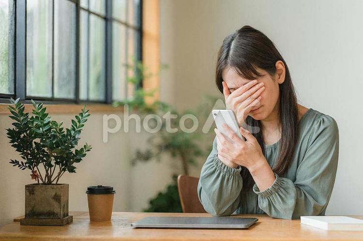 カフェでスマホを使う若いビジネスウーマン カフェ,スマホ,悩むの写真素材