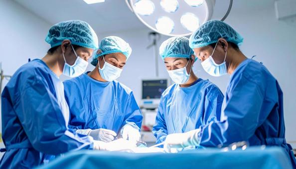手術室で医師チームが手術で執刀している 手術室で医師チームが手術で執刀しているの写真