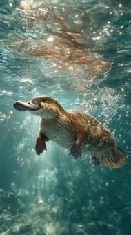 水中を泳ぐカモノハシ 水中を泳ぐカモノハシの写真