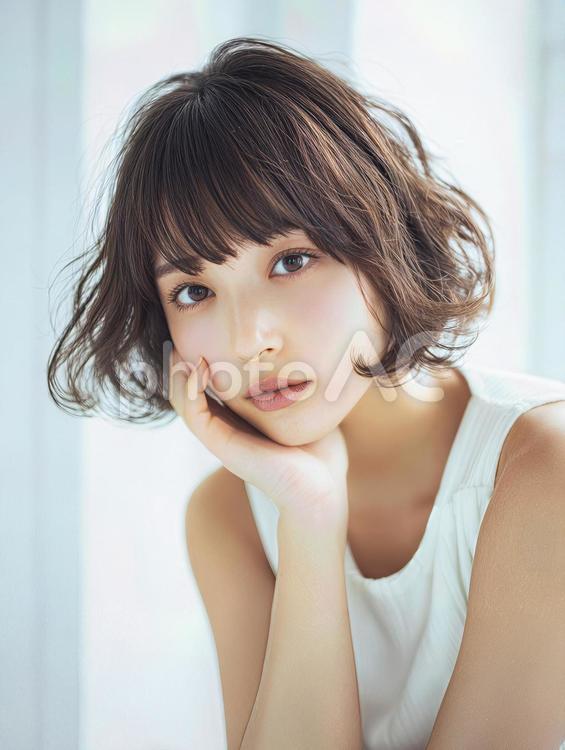 ショートボブの女性物が頬杖をつく ショートボブ,若い女性,見つめるの写真素材
