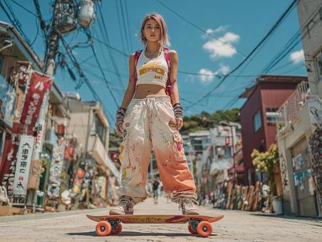 スケートボードを楽しむストリート系女子 スケートボードを楽しむストリート系女子の写真