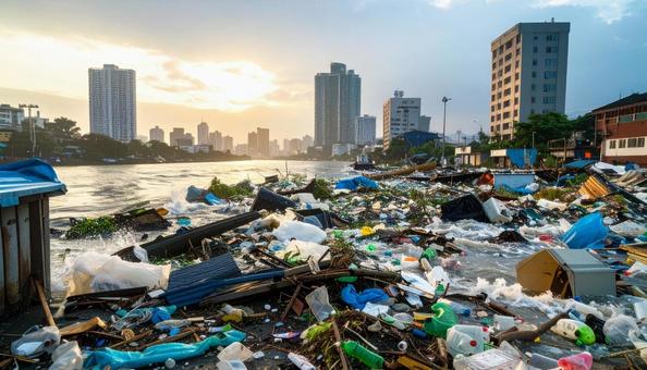 津波に襲われた後のガラクタだらけの住宅街の写真