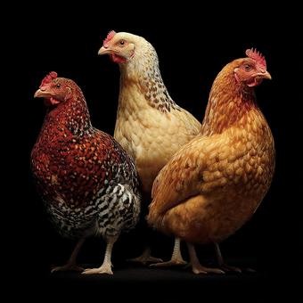 赤、茶、白の羽を持つ、色鮮やかな鶏たち 赤、茶、白の羽を持つ、色鮮やかな鶏たちの写真
