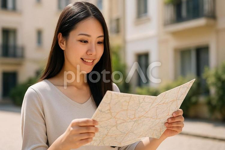 地図を見る旅行中の女性・ガイド・お出かけ 女性,旅行,地図の写真素材