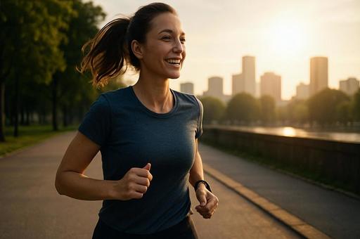 朝焼けに映えるランニング女性の写真