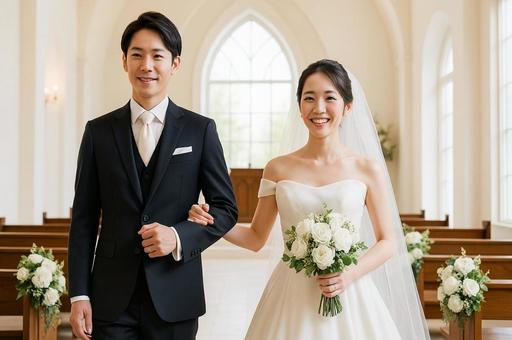 結婚式場で腕を組んで微笑む新郎新婦・教会 結婚式場で腕を組んで微笑む新郎新婦・教会の写真