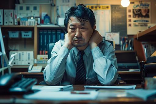 オフィスで疲れた日本人中年サラリーマン オフィスで疲れた日本人中年サラリーマンの写真