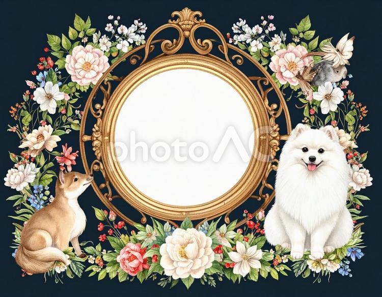 ポメラニアンと花のフレーム 犬,花,フレームの写真素材