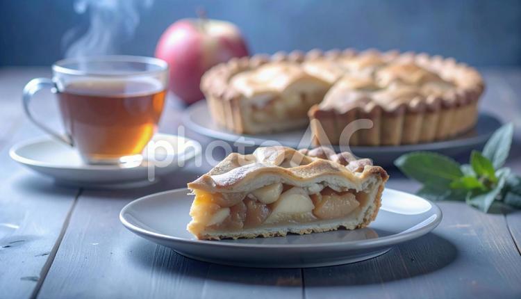 カットしてお皿に盛ったアップルパイと紅茶 アップルパイ,スイーツ,紅茶の写真素材