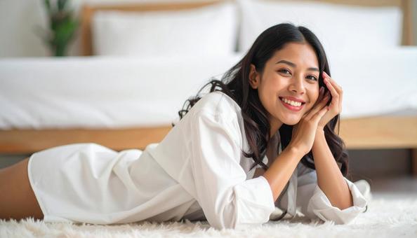  床に寝転ぶ白いシャツの女性の写真