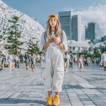街を歩くストリート系の女性 街を歩くストリート系の女性の写真