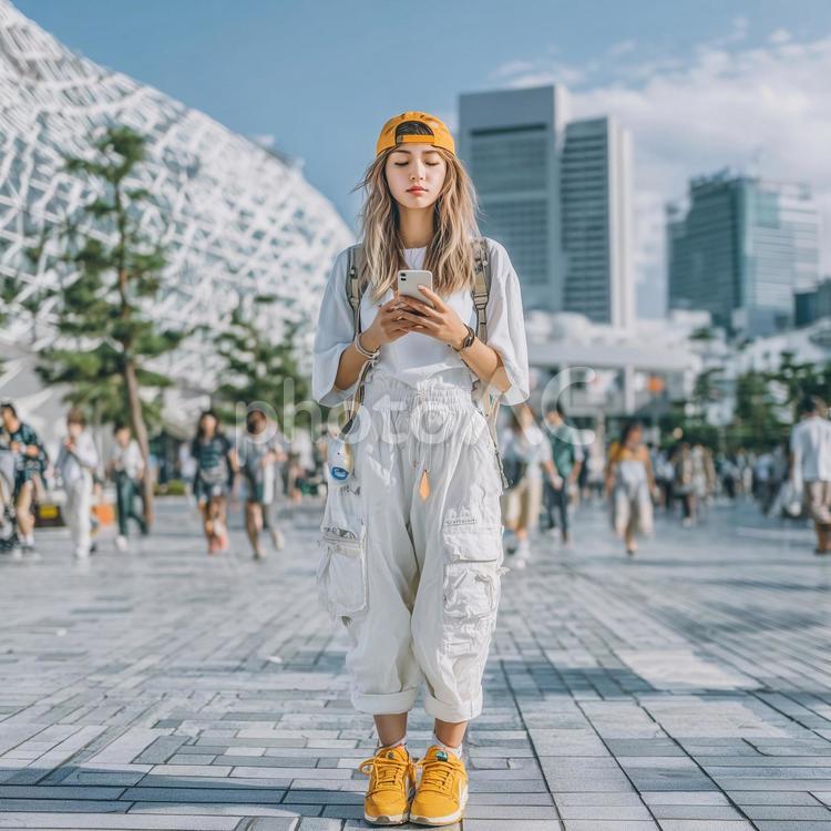 街を歩くストリート系の女性 ファッション,帽子,女性の写真素材