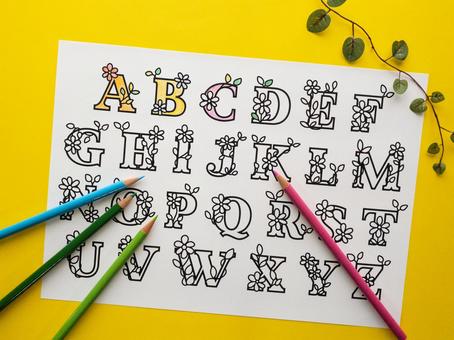 アルファベットの塗り絵と色鉛筆 塗り絵,線画,色塗りの写真素材