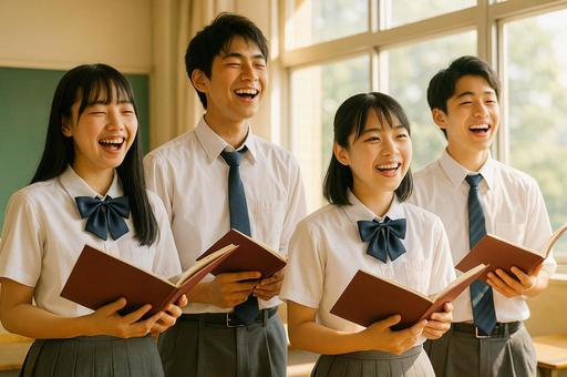 教室で練習をする合唱部の生徒たち 教室で練習をする合唱部の生徒たちの写真